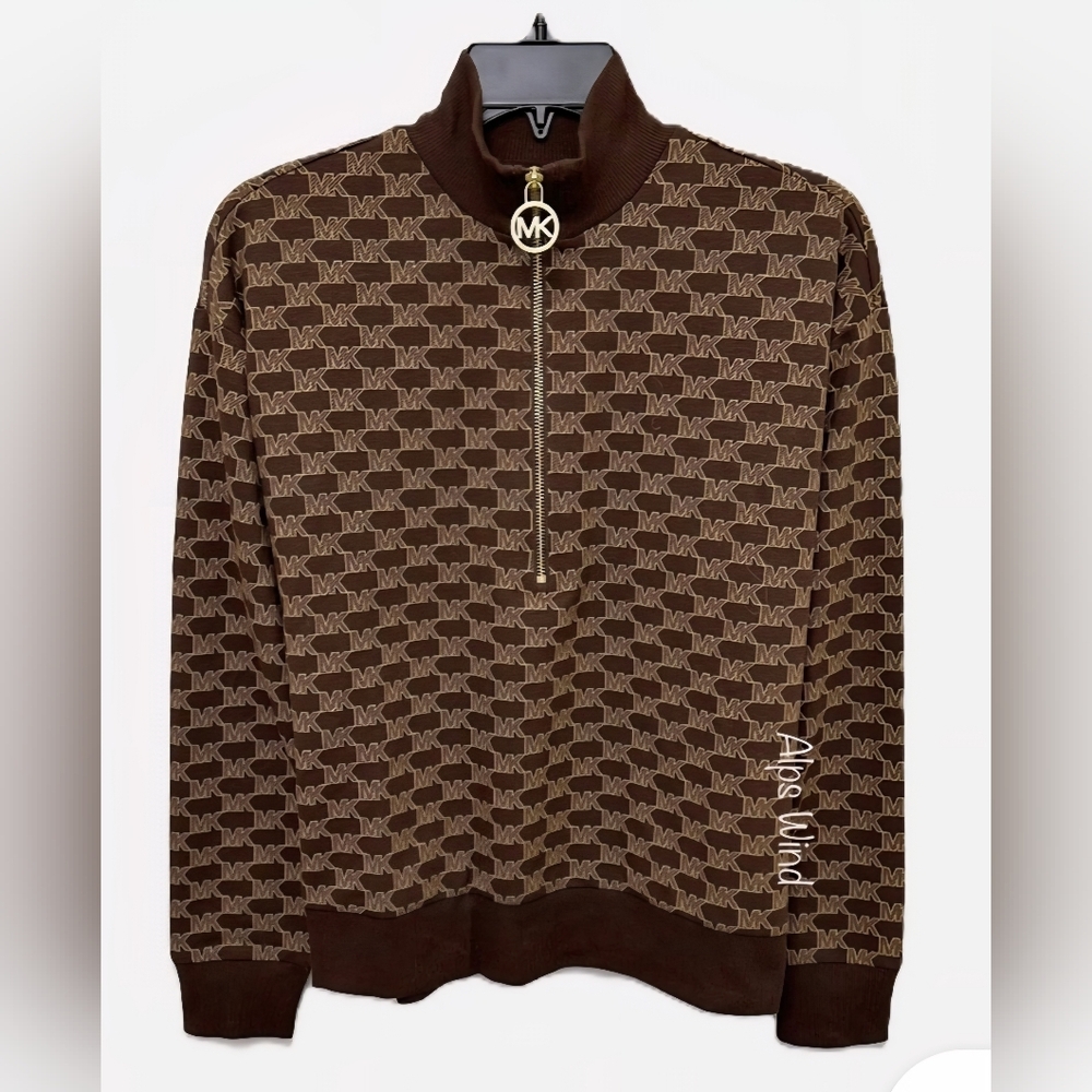 NWT Michael Kors Dark Brown Logo Zip-Up Sweater